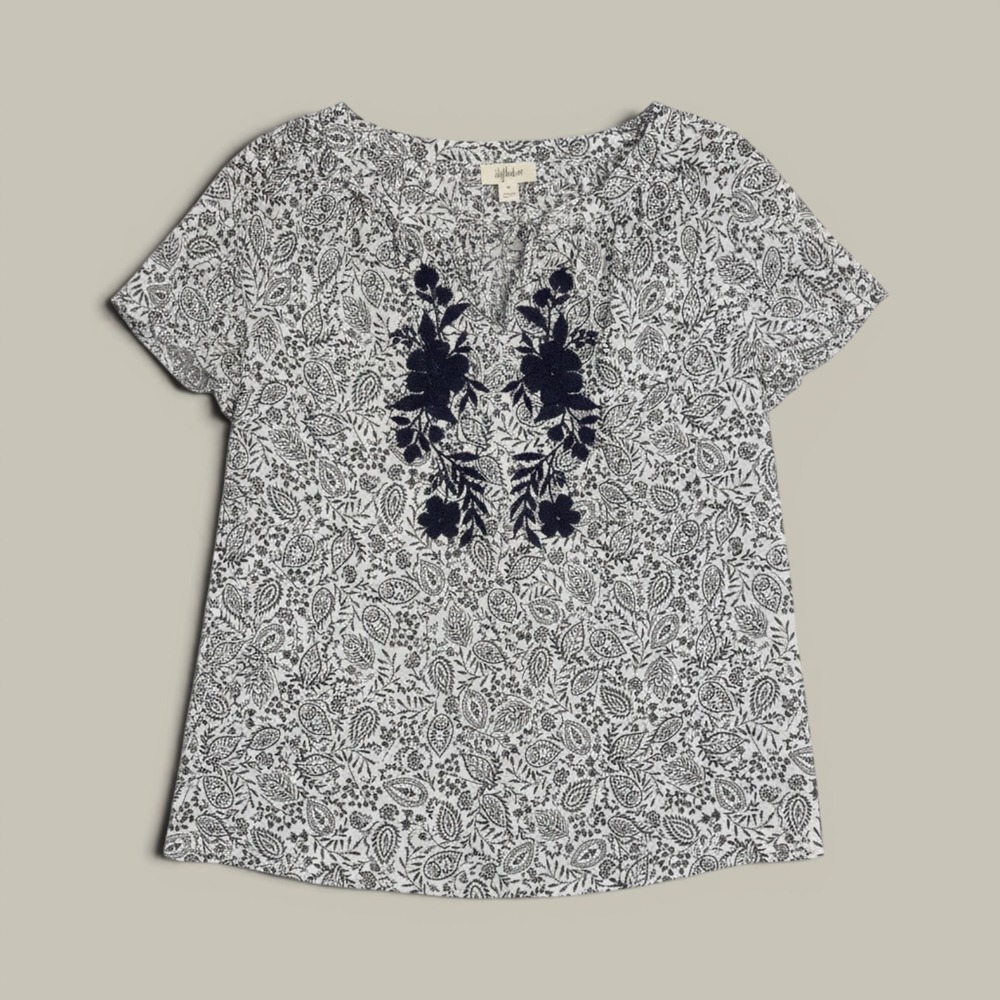 Style & Co Peasant Blouse Womens 1X White Navy Blue Embroidered Tassel Casual